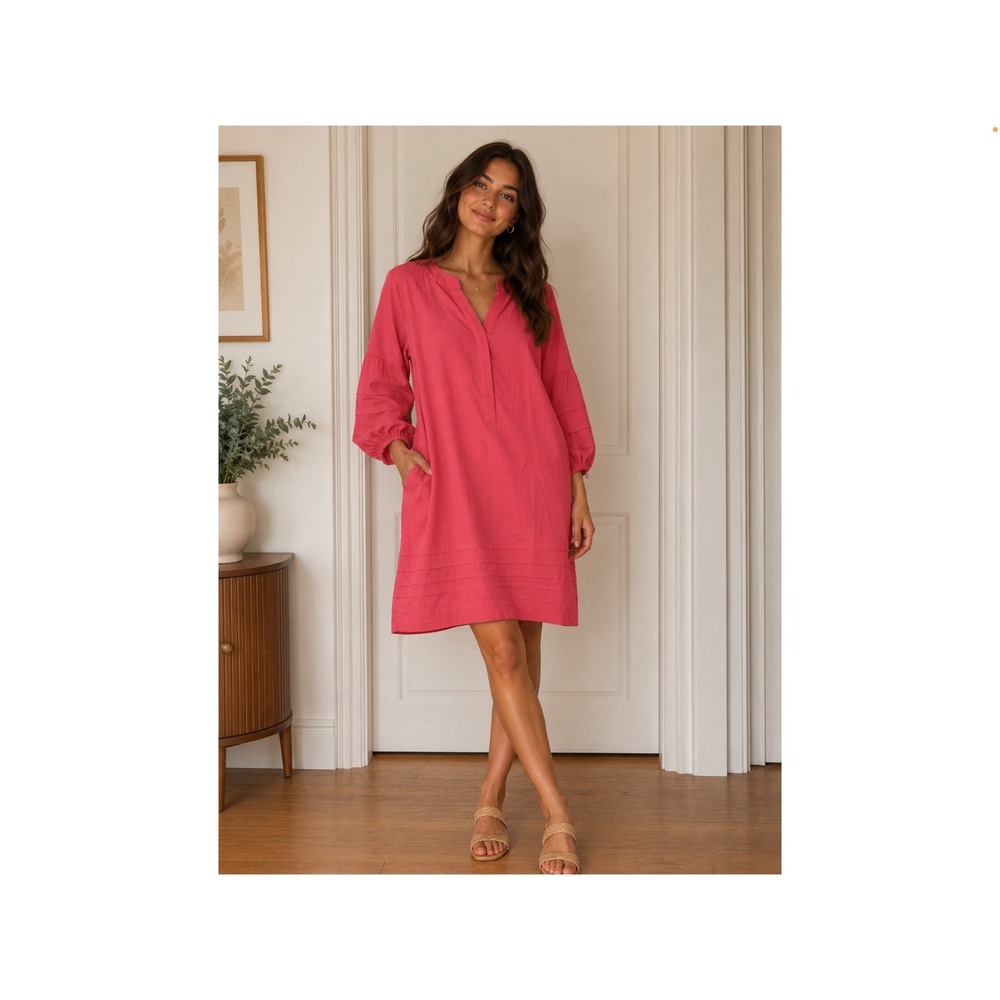 Chicos Coral Orange Pintuck Balloon Sleeve Shift Dress Split Neck Pockets Size 1